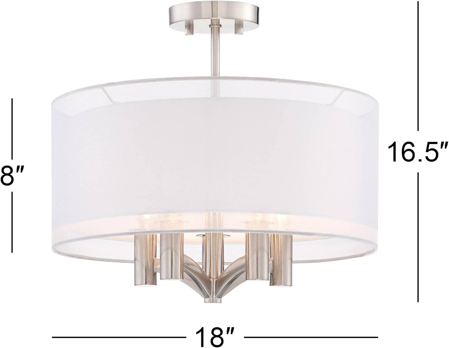 Possini Euro Design Caliari Modern Ceiling Light Semi Flush Mount Fixture Brushed Nickel 18" Wide 5-Light Sheer Silver White Linen Double Drum Shade for Bedroom Kitchen Living Room Hallway Bathroom