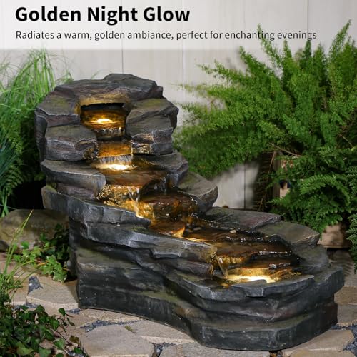 37" L Garden Outdoor Water Fountain, Floor Standing 5-Tiers Rock Natural Waterfall Outdoor Fountains with LED Lights for Patio, Porch, Home Art Decor