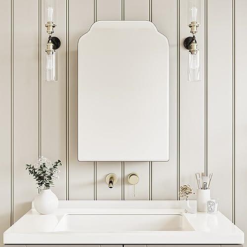 Victorian-Style Recessed Bathroom Medicine Cabinet, Wood Wall Cabinet with 16.5"x24" Curved Mirror, Bathroom Storage Cabinet, Black, Left-Swing Door