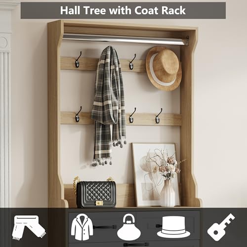 Betoko Hall Tree with Shoes Storage,Farmhouse Entryway Coat Rack Wooden Hallway Mudroom Tree Bench Corner Tree Cabinet with 5 Coat Hooks & 2 Shoes Cabinets and Open Shelf(Rustic White)