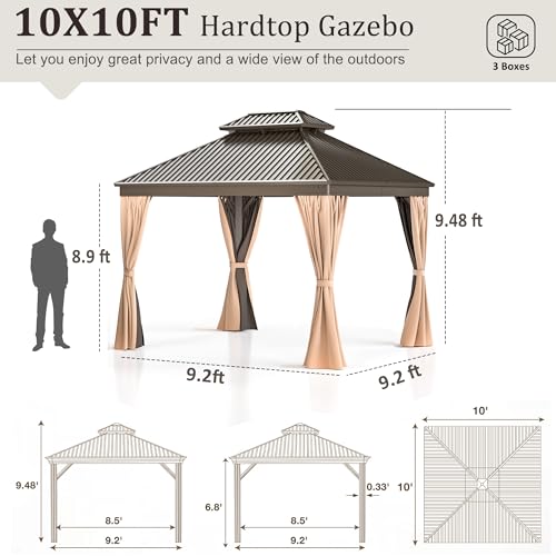 10x12 FT Hardtop Gazebo with Nettings and Curtains, Heavy Duty Gazebo with Galvanized Steel Double Roof, Permanent Outdoor Metal Pavilion for Patio, Deck, Lawn and Garden