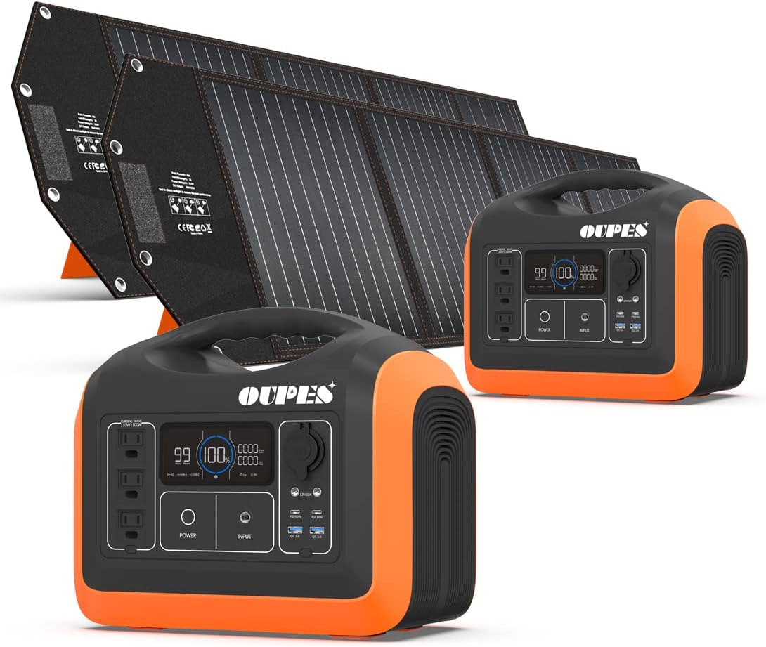 OUPES Solar Generator 1800W/1488Wh w/ 2 X 100W Foldable Solar Panel, Portable Power Station (Peak 4000W) 10 AC Outputs, LiFePO4 Battery w/ 3x 110V AC Outlets for Outdoors Adventure Travel Camping RV Emergency