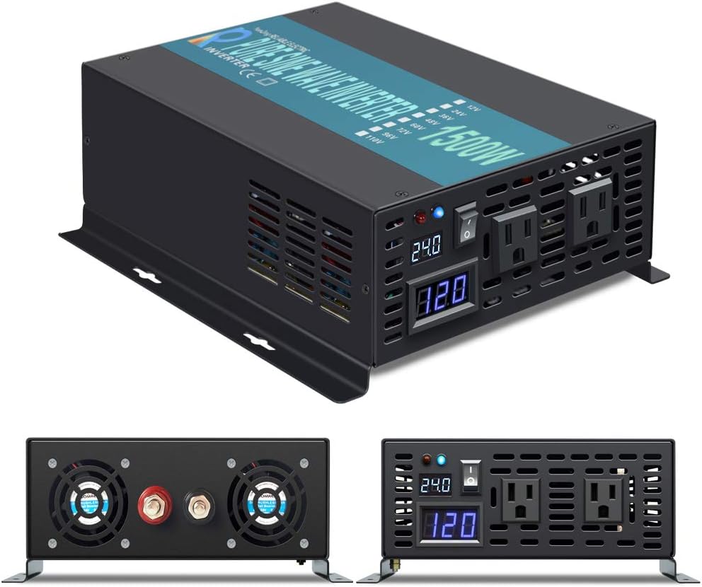 Reliable Pure Sine Wave Power Inverter 1500Watt 24V DC to 110V 120V with Remote Control Dual AC Outlets for CPAP RV Car Off Grid System