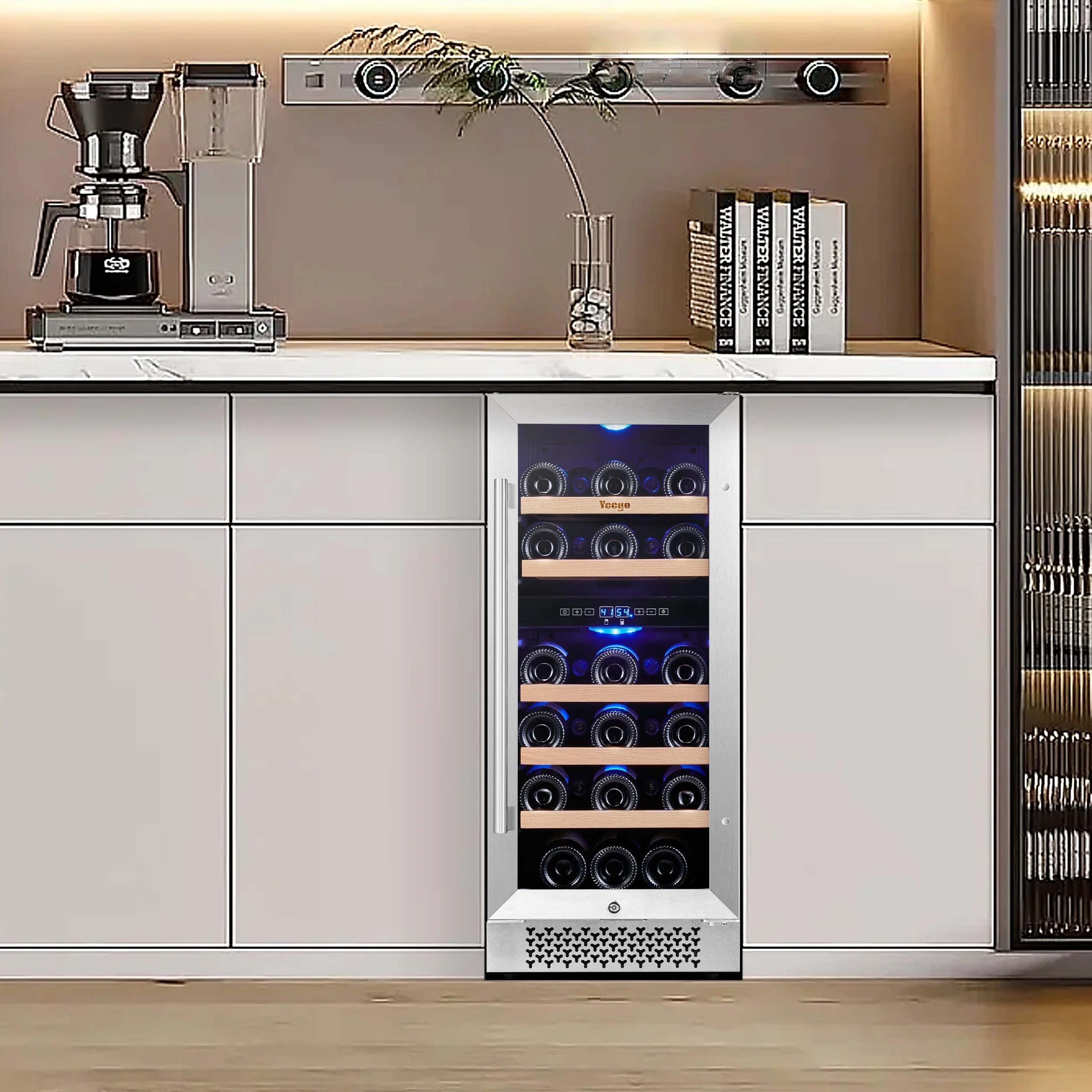 Yeego 15" Mini Wine Cooler Fridge, 28 Bottle Dual Zone Wine Refrigerator with Stainless Steel Tempered Glass Door, Freestanding and Built-in