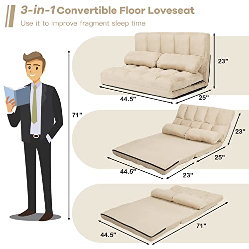 COSTWAY Floor Sofa Couch with 2 Pillows, Foldable 6-Position Adjustable Lazy Sofa bed Sleeper with Metal Frame, Soft Suede Fabric, Gaming Playing Lounge Recliner for Adults (Blue)