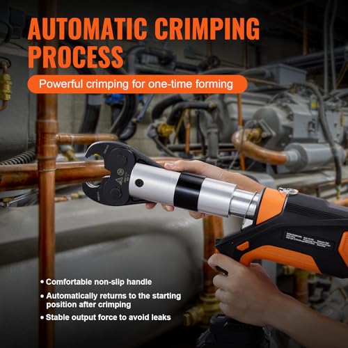 VEVOR Pro Press Tool, 18V Electric Pipe Crimping Tool for 1/2" to 2" Stainless Steel, Copper, PEX Pipes, 360° Rotation Automatic Crimper with Brushless Motor & 6 Pro Press Jaws