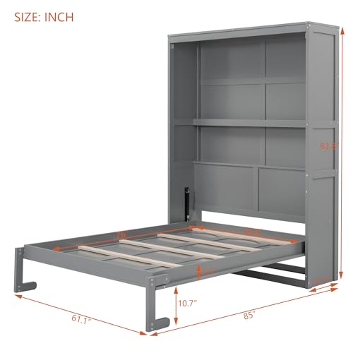 Voohek Full Size Murphy Bed with 2 Tier Shelves, Folding Bedframe w/Flexible Slats Support, Space-Saving Design, Can Be Folded Into A Cabinet, for Kids, Teens, Adults, No Box Spring Needed (White)