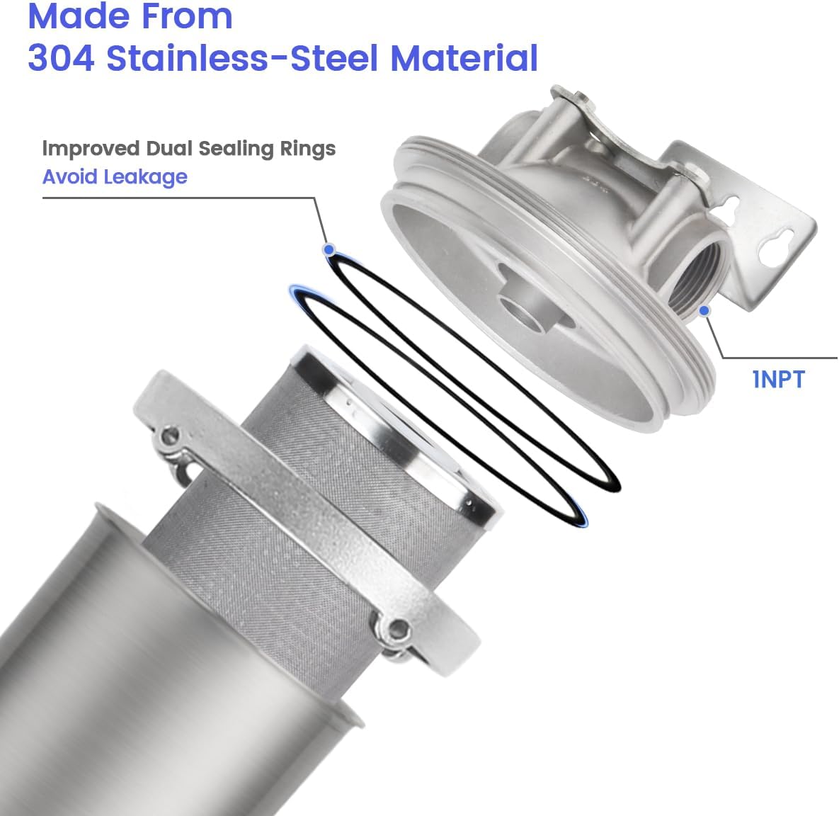 Amwater NSF/ANSI 42 Certification Stainless Steel Jumbo Filter Housing for 10”Length,4.5"OD Filter Cartridge, 1in NPT Inlet and Outlet/Filter Cartridge 10”Length,4.5"OD(50 Micron)