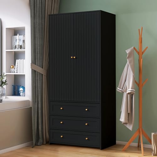 Wardrobe Closet Armoire, 71 "Wardrobe Armoire Wooden Closet with 3 Drawers, 2 Doors Household Freestanding Wooden Closet Storage Cabinet for Bedroom (Black)