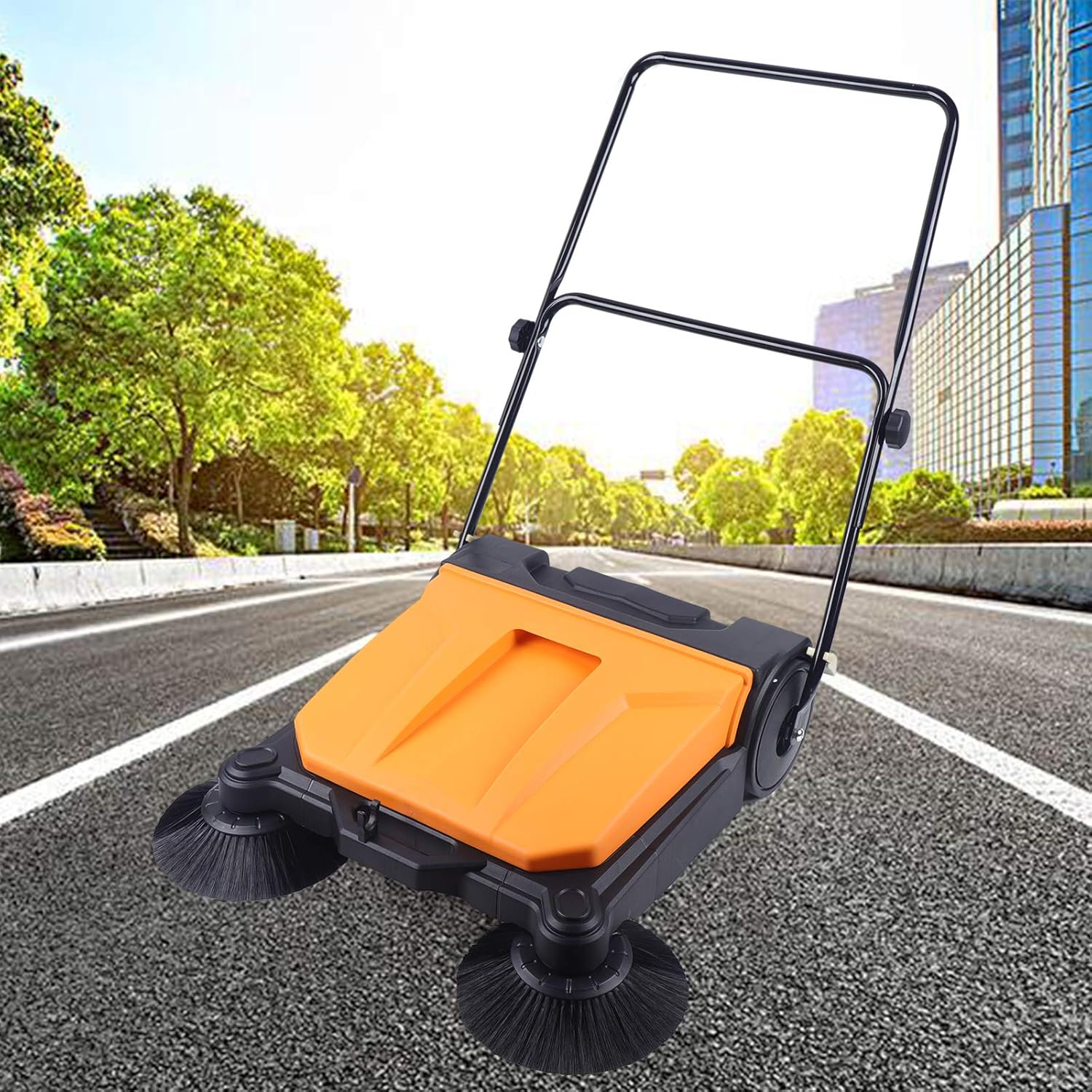 WOQLIBE Walk Behind Push Floor Sweeper, 26" Sweeping Manual Sweeper with 3.96 Waste Container, Non-Electric, Floor Sweepers for Garage, Walkway, Patio, Yard, Easy to Use & Storage