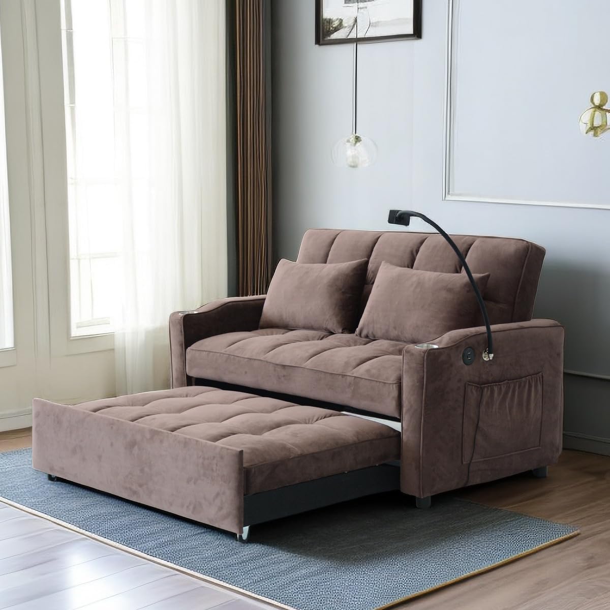 Lazy Sofa Bed, Modern Sleeper Reclining Bed, Living Room Soft Sofa, Pull Out Sofa Chair with Pillow and Convertible Backrest, Living room Pull Out Sofa Bed for Small Space