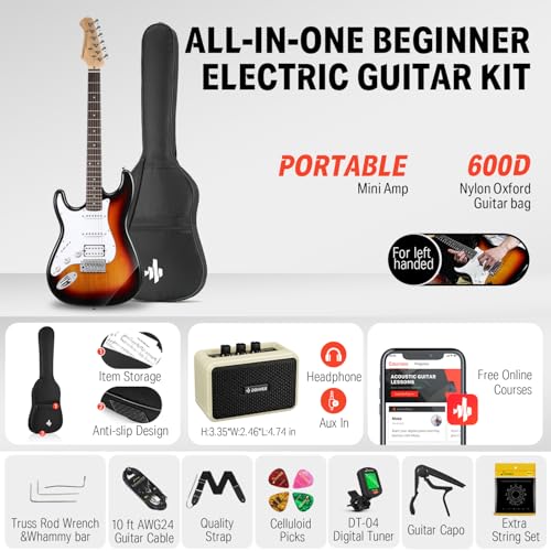 Donner DST-100B 39 Inch Electric Guitar Beginner Kit Solid Body Full Size Black HSS for Starter, with Amplifier, Bag, Digital Tuner, Capo, Strap, String,Cable, Picks