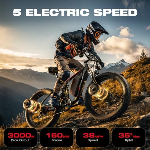 3000W Dual Motors Electric Bike for Adults, 52V 25Ah 26" Fat Tire Fast 36 mph up to 100 Miles Full Suspension Hydraulic Brake Class 3 AWD Off Road Mountain Hunting Ebike