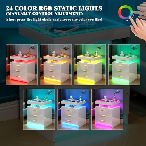 HNEBC LED Nightstand with Wireless Charging Station, Night Stand with 3 Drawers for Bedroom Furniture,End Side Table has Dancing Lights, 20 Color Dimmable Auto Sensor Modern Bedside Table Black