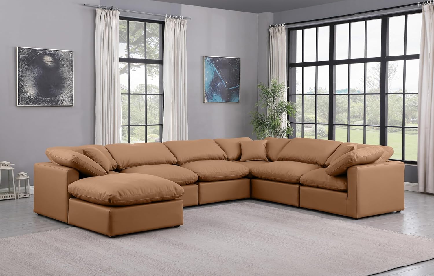 Meridian Furniture Indulge Collection Modern | Contemporary Sectional with Soft Durable Vegan Leather, Fiber-Filled Cushions, Modular, 140" W x 105" D x 32" H, Cognac