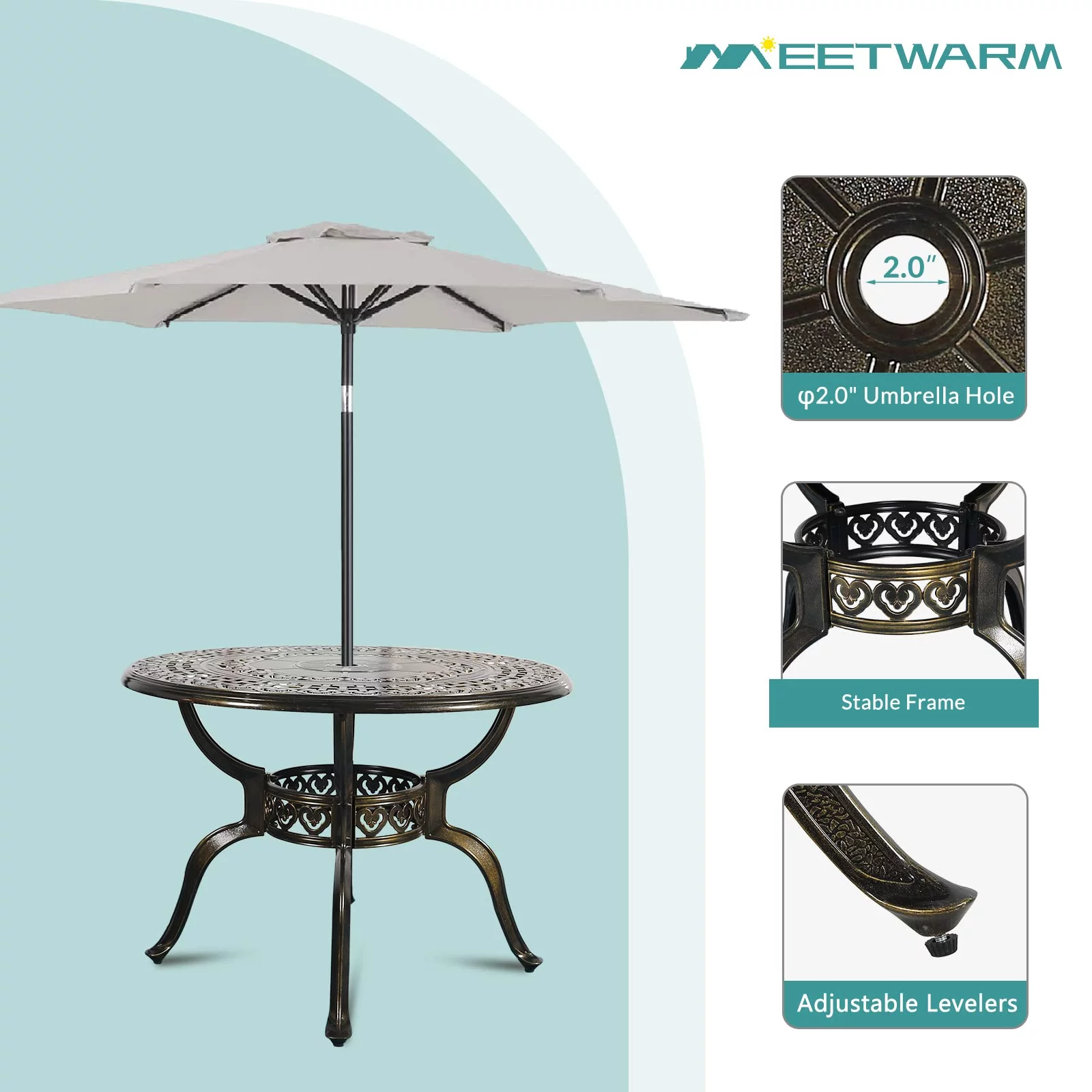 MEETWARM 38.5" Round Patio Dinning Table, Outdoor Cast Aluminum Dinning Table with 2" Umbrella Hole, Dark Bronze