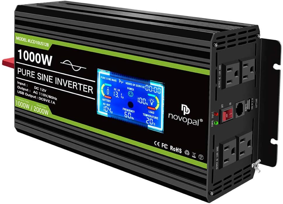 Novopal 2000 Watt Pure Sine Wave Power Inverter 12V DC to 110V/120V AC Converter- 4 AC Outlets Car Inverter with 1 USB Port-Remote Control and LCD Display Dual Cooling Fans Inverter for CPAP RV