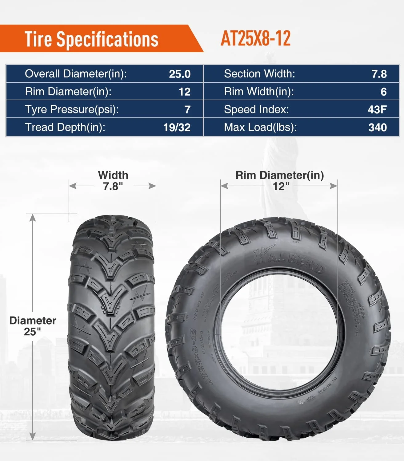 6PR ATV/UTV Tires 25x8-12 Front & 25x10-12 Rear All Terrain 15mm Tread Depth 25x8x12 25x10x12 Trail Sand Off-Road Tires Set of 4