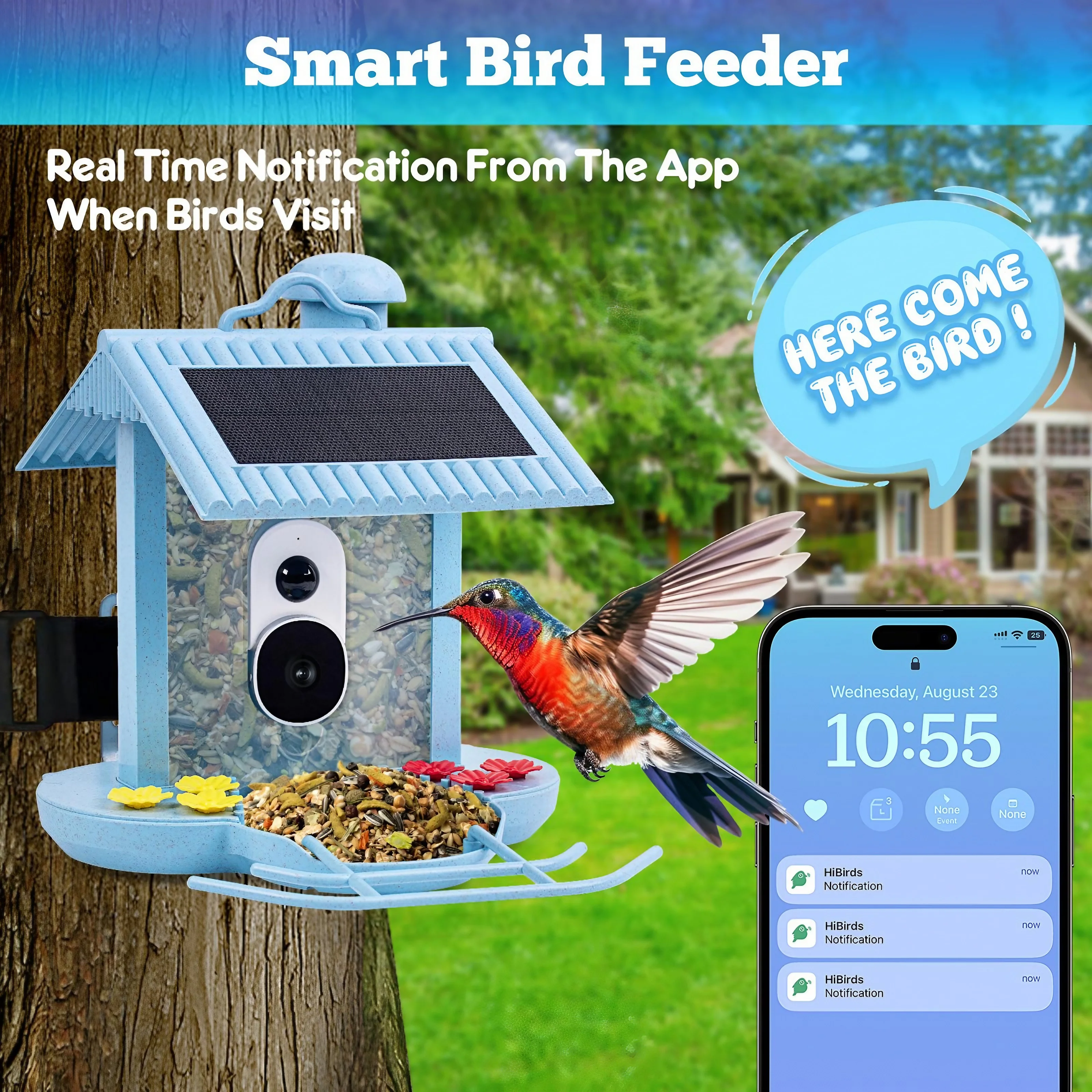Smart Bird Feeder with Camera Solar, Hummingbird Feeder Water Feeding, AI Identify Bird Species with 128G TF Card, Ideal Bird Buddies Gift for Bird Lovers