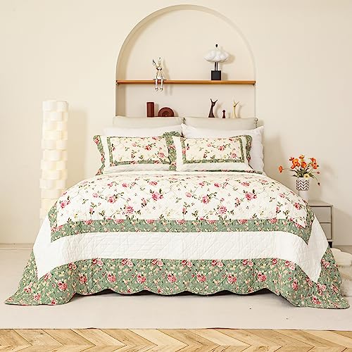 Brandream Pink Rose Floral Patchwork Quilts Cotton Queen Size Quilted Comforter Set Rustic Country Coverlet Bedspread Set 3-Piece