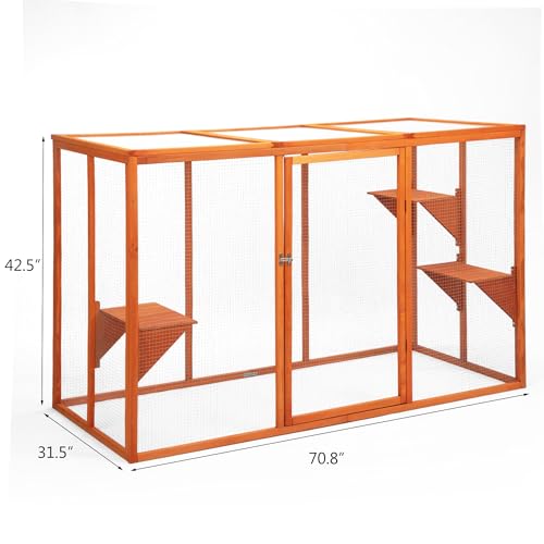 Catio Outdoor Cat Enclosure,71" L Outside Cat House Weatherproof, Wooden Large Catios for Cats Patio, Cat Houses with 3 Platforms,Grey