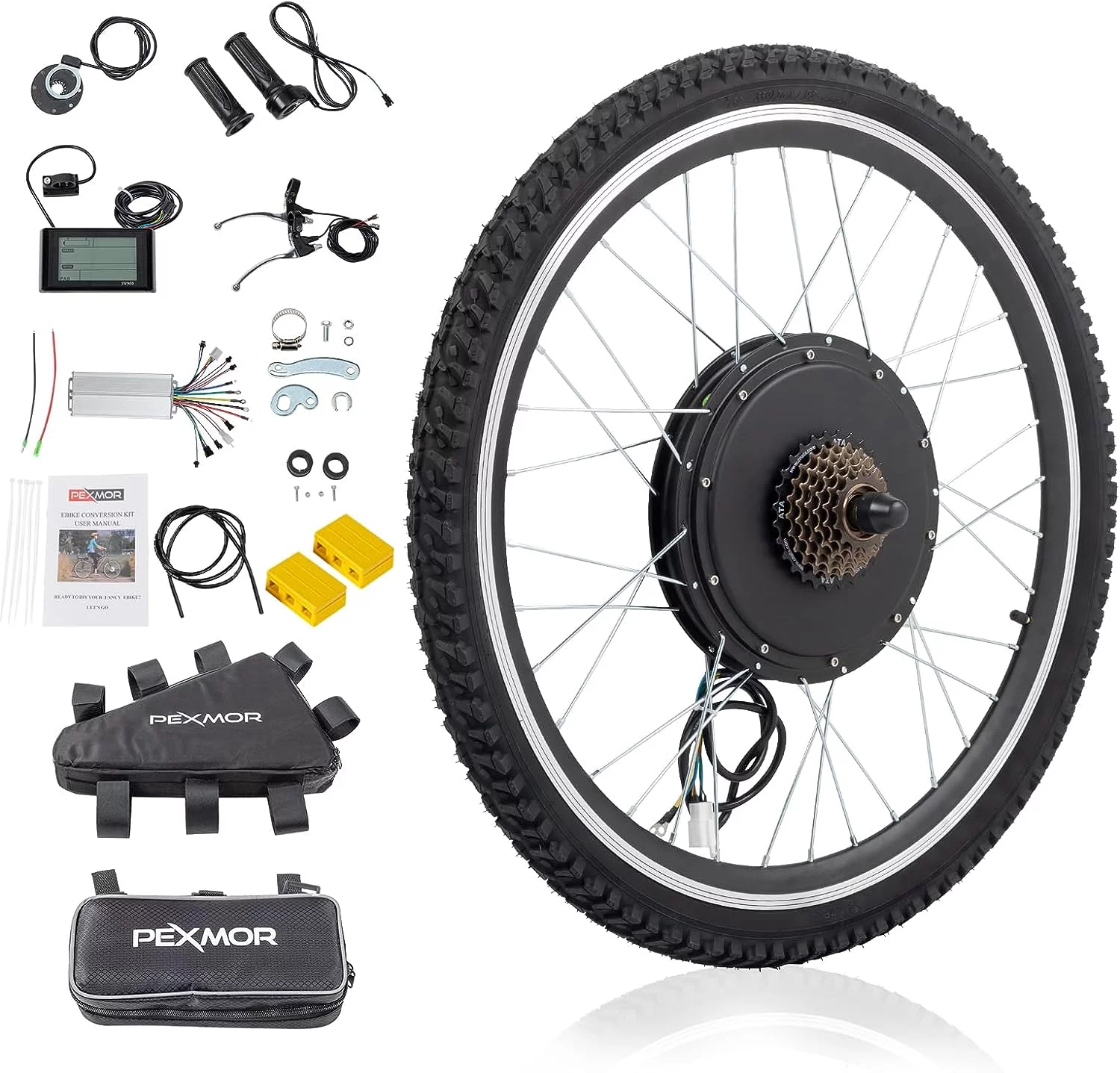 PEXMOR Electric Bike Conversion Kit, 48V 1500W/1200W/1000W 26" Rear Wheel E-Bike Conversion Kit, Ebike Hub Motor Kit Upgrade 3 Mode Controller w/PAS/LCD Display/Twist Throttle Bicycle Ebike Wheel Kit