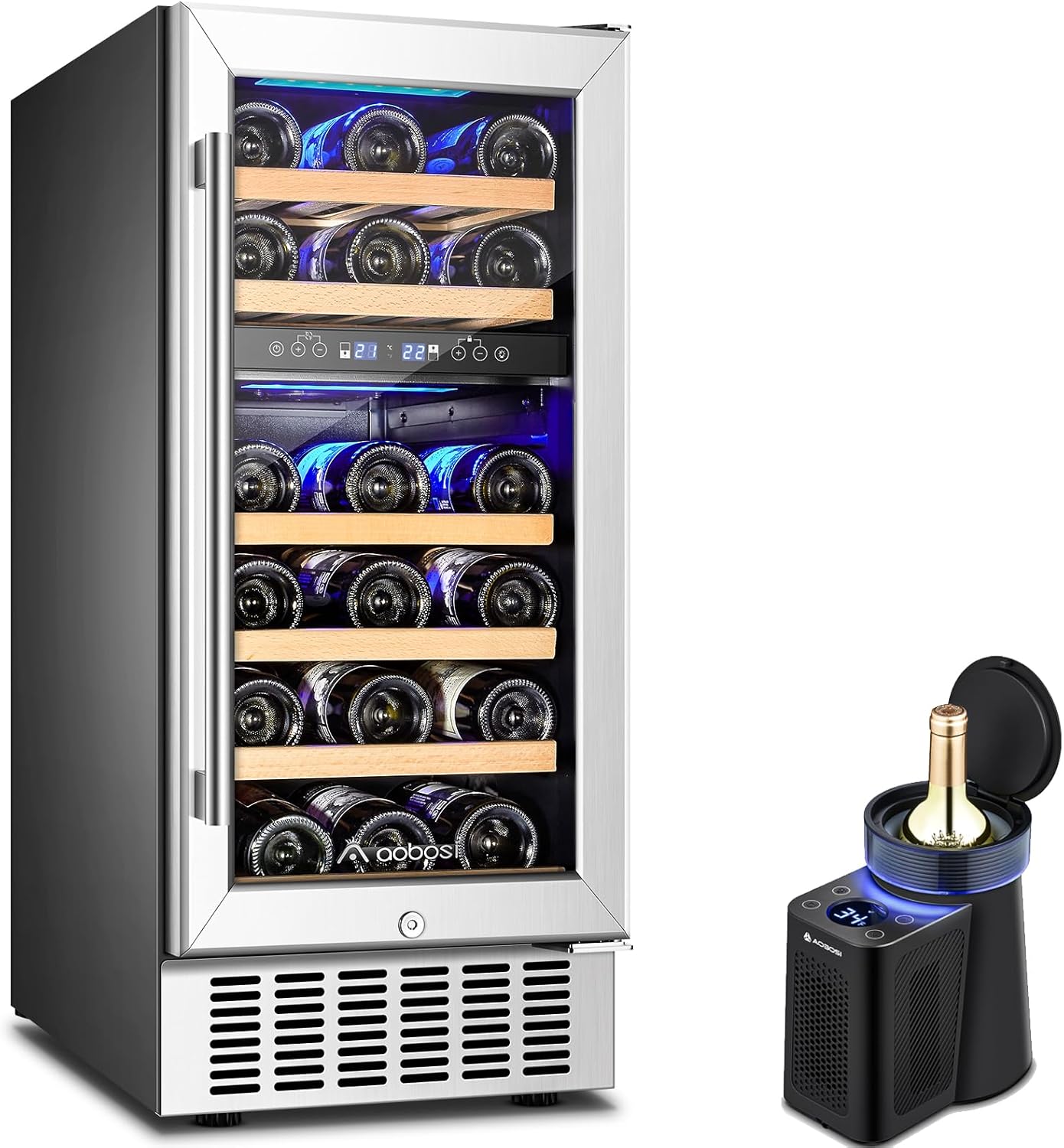 AAOBOSI 15 Inch Wine Cooler, 28 Bottle Dual Zone Wine Refrigerator & Wine Chiller Electric