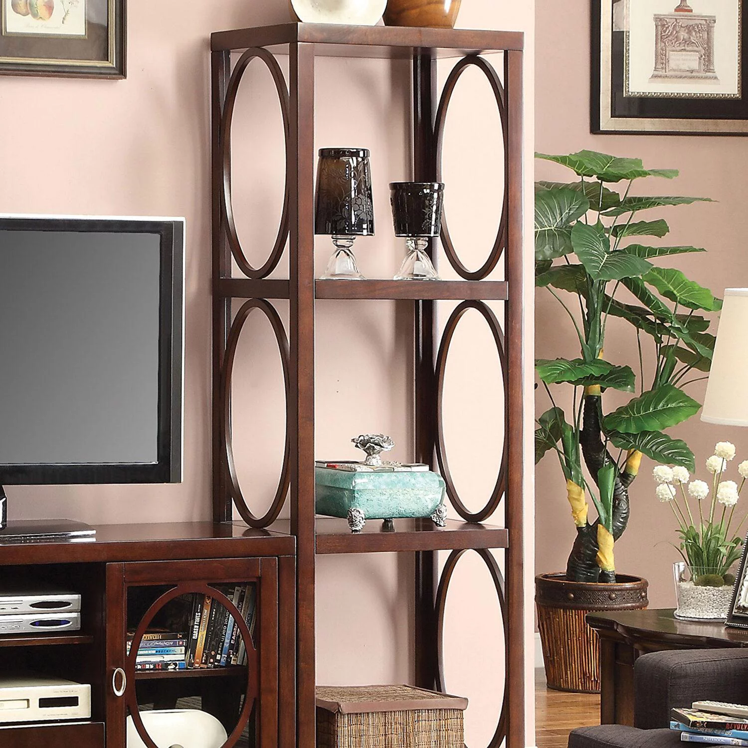 Transitional Cherry Solid Wood TV Stand Set 3pcs Furniture of America Melville