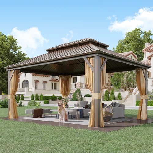 YOLENY 10' x 12' Hardtop Gazebo, Wood-Looking Gazebo with Galvanized Steel Double Roof, Aluminum Frame, Permanent Metal Pavilion with Netting and Curtains for Deck, Backyard, Patio and Lawns