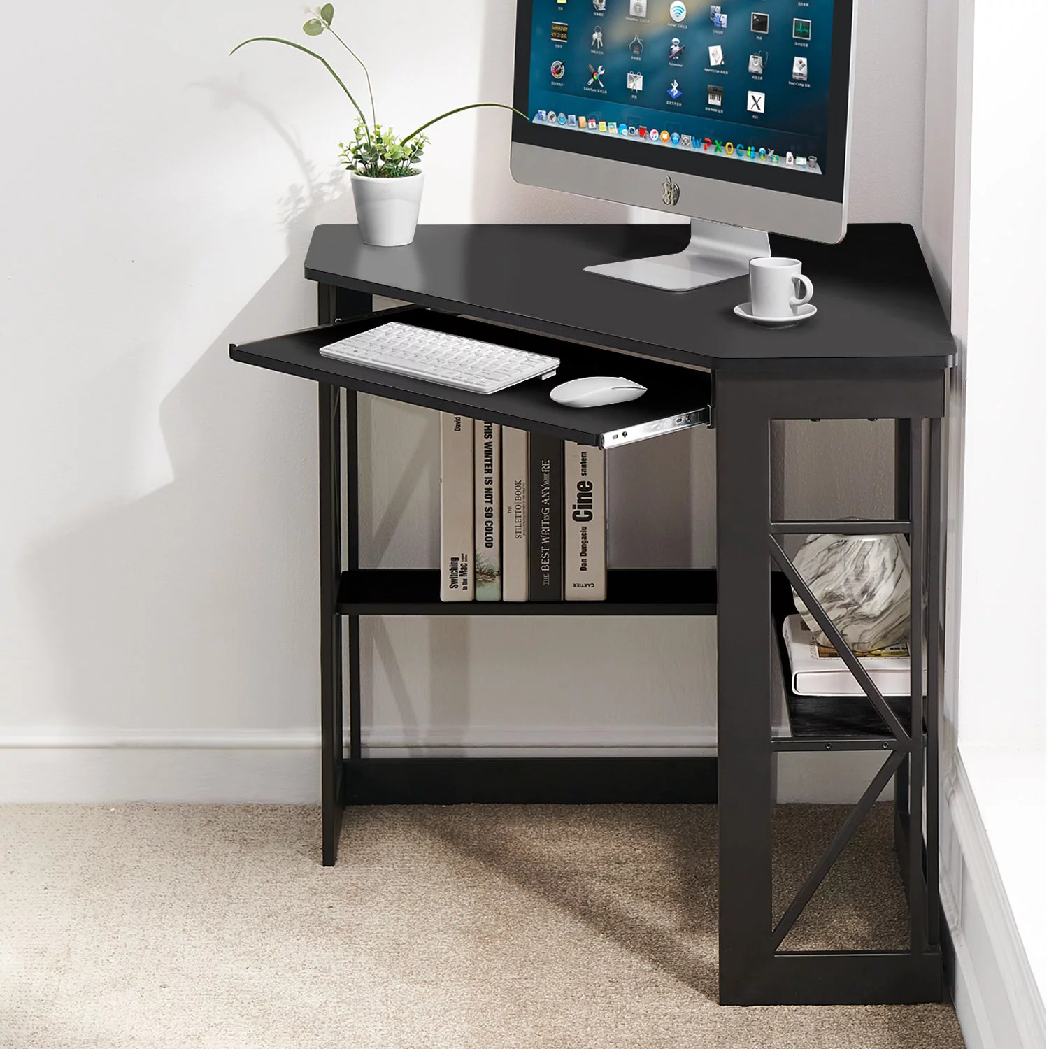 VECELO Corner Computer Desk & Chair Set, Ergonomic High Back Adjustable Height Office Chair and Study Writing Table with Keyboard Tray and Storage Shelf, Black