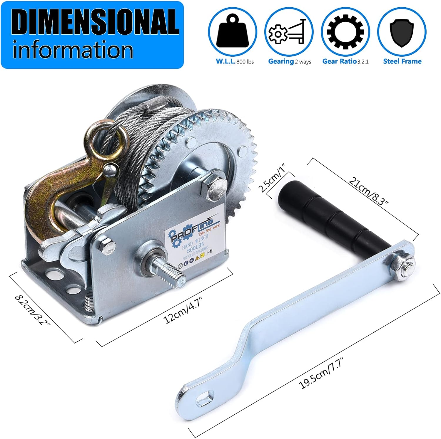 PROFLine 2500lbs Hand Winch Heavy Duty Boat Trailer Two-Way Ratchet Gear Manual Winch Hand Crank with 32.8 ft Steel Wire for ATV Truck Towing Pack of 2