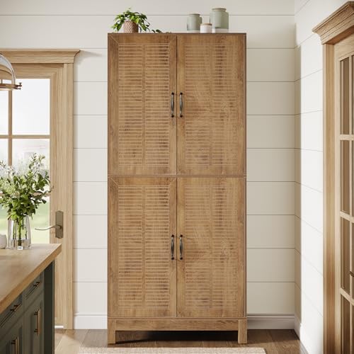 Tribesigns 70" Tall Kitchen Pantry Cabinet with Adjustable Shelves, Farmhouse 6-Tier Storage Cabinet with Doors and Shelves, Freestanding Bookcase for Living Room, Rustic Brown