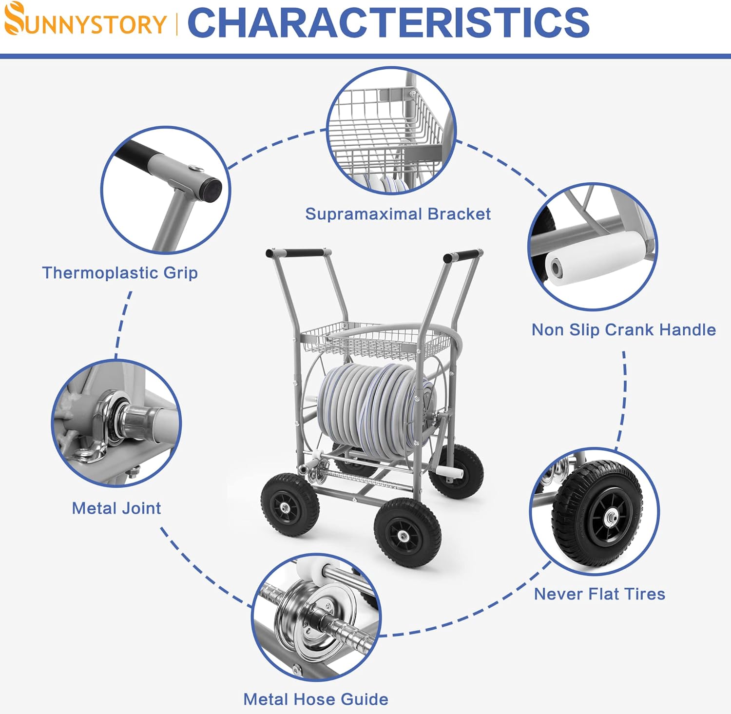 SUNNYSTORY All Metal Garden Hose Reel Cart with Hose Guide System, Holds 150 Feet of 5/8 Inch Hose Cart with Solid Tires for Garden, Yard, Lawn