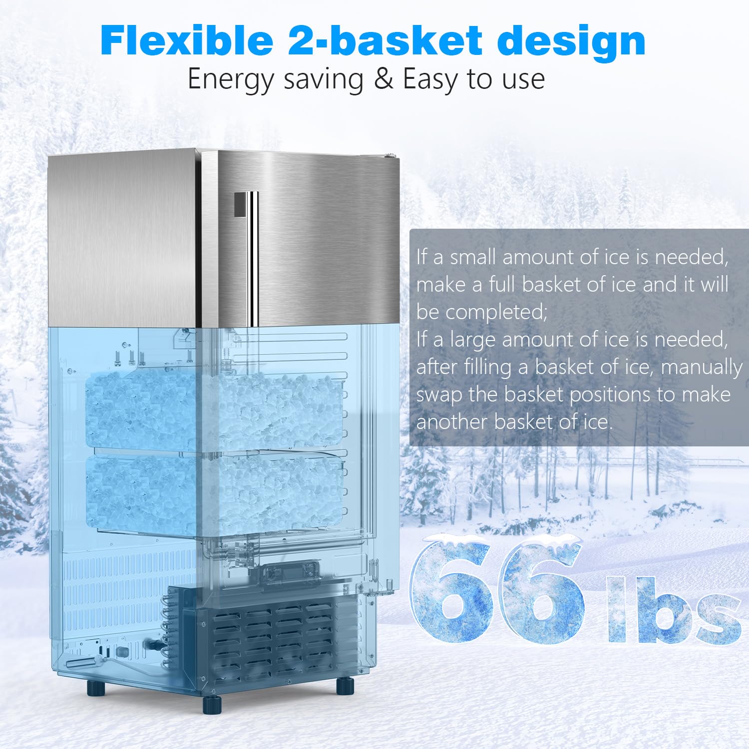 Kndko Under Counter Ice Maker, 66Lbs/Day, Nugget ice Machine, Self Cleaning Ice Maker, 24H Timer, 2 ice basket/18lbs, Undercounter Nugget Ice Maker Machine for Bar,Restaurant,Home,RV,Stainless Steel