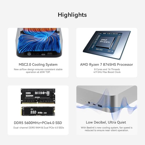 Beelink Mini PC EQR5 5825U AMD Ryzen 7 Processor(8C/16T, up to 4.5GHz), Micro Computer 16GB DDR4 500GB SSD Built-in PSU, Mini Computers Dual HDMI/4K 60Hz/WiFi6/BT5.2 Home/Office/HTPC