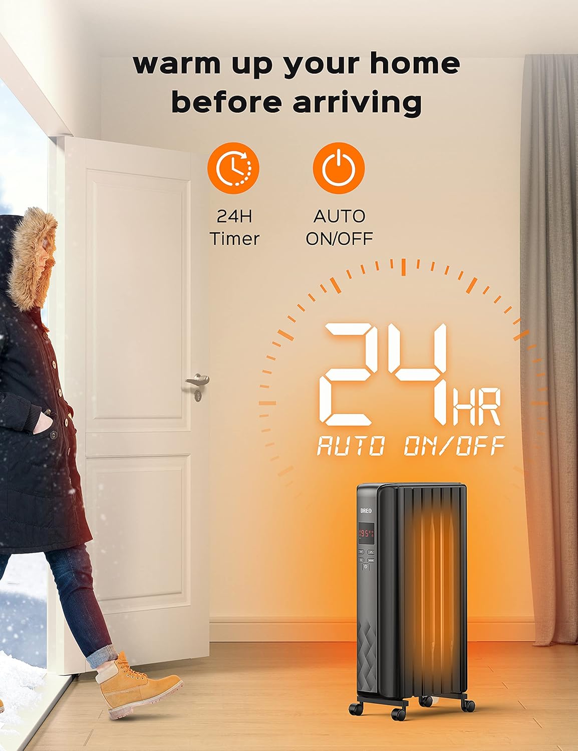 Dreo Radiator Heater, Upgrade 1500W Electric Portable Space Oil Filled Heater with Remote Control, 4 Modes, Overheat & Tip-Over Protection, 24h Timer, Digital Thermostat, Quiet, Indoor