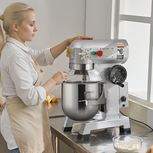 VEVOR Commercial Mixer, Commercial Food Mixer 10Qt Stainless Steel Bowl, 450W Commercial Stand Mixer with 3 Speeds Adjustable, Dough Hook Whisk Beater Included, Perfect for Bakery Pizzeria, Silver