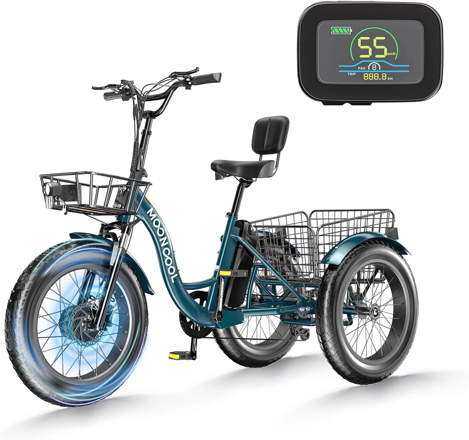 MOONCOOL Electric Tricycle for Adults, 20" x 4.0 Fat Tire Electric Trike, 7 Speed 750W Motorized 3 Wheel Electric Bicycle with Front & Rear Basket Basket, Suspension Fork - Curated Treasures Market