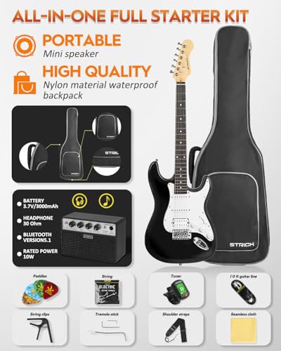 STRICH Electric Guitar Beginner Kit, Solid Body 39" Full Size Electric Guitar HSS Pick Up for Starter, with 10W Amp, Bag, Digital Tuner, Capo, Strap, String,Cable, Picks, SST-S20 Sunburst
