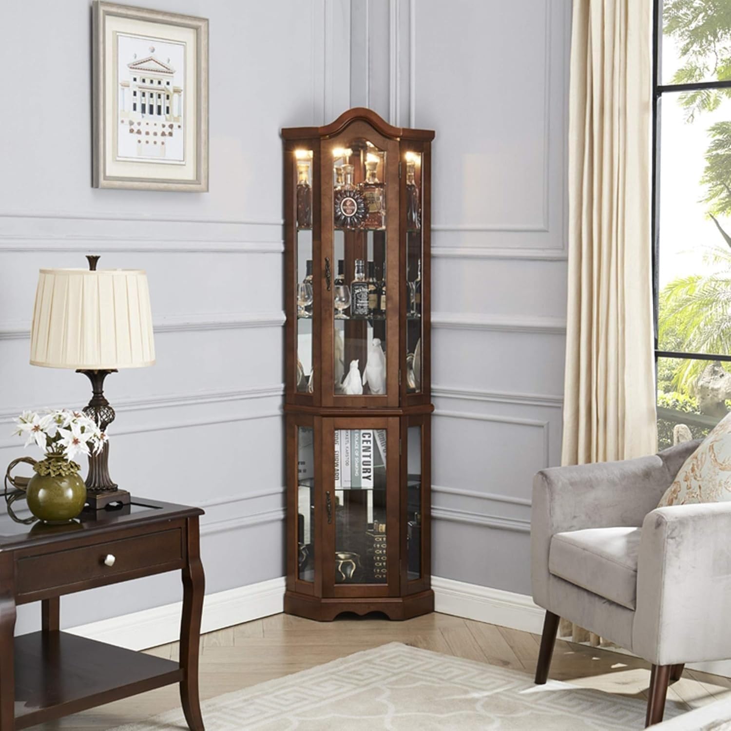 Elegant Walnut Corner Curio Cabinet, 70.25" Height with Glass Doors and Shelves, Classic Brown Finish Display Cabinet, Perfect for Displaying Collectibles and Decorative Items