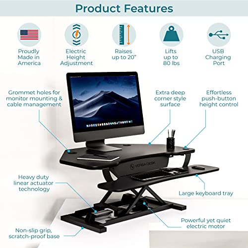 VERSADESK® PowerPro™ 36" Corner Standing Desk Converter, 36 Inch Motorized Height-Adjustable Standup Desk Riser Sit to Stand Desktop with Keyboard and Mouse Tray + USB Charging Port, Black