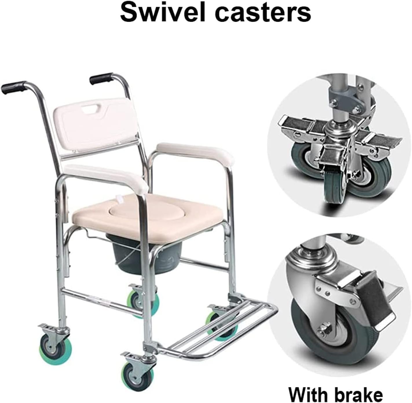 KOHARA Shower Commode Chair with Wheels, 3 in 1 Shower Wheelchair for Toilet with Anti Skid Arms 4 Locking Casters Detachable Bucket Shower Chair for Elder Disabled Nursing U (O)