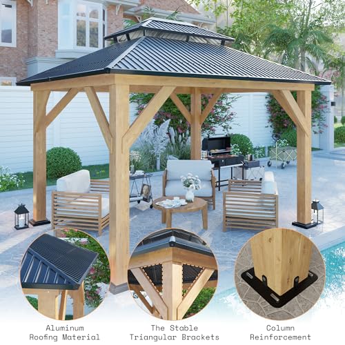 AMERLIFE 10x12 Wood Gazebo, Hardtop Gazebo with Aluminum Double Roof, Outdoor Gazebo with Wood Frame for Parties, Backyard, Lawns, Patio, Black + Natural Wood