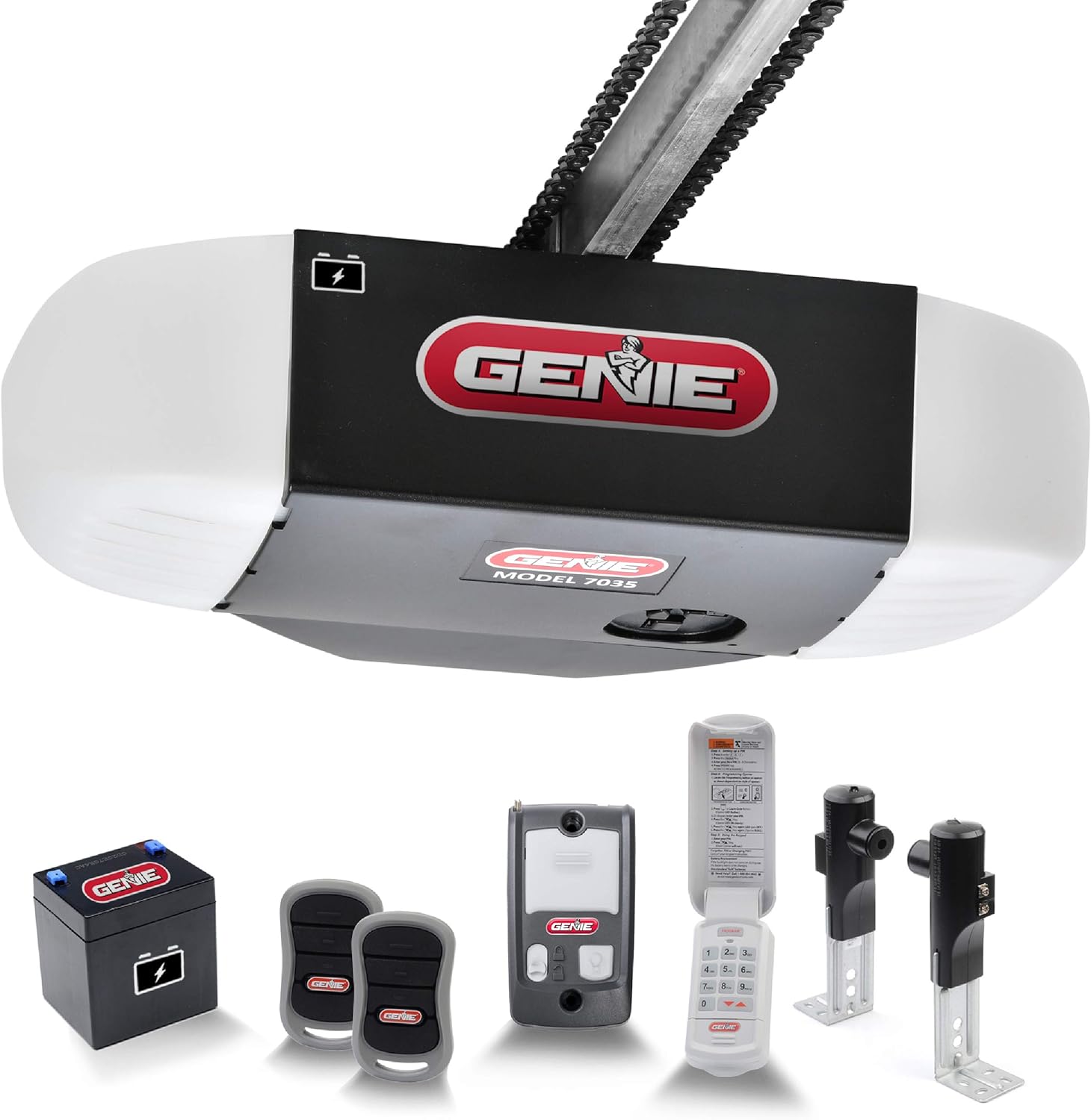 Genie Chain Drive 750 3/4 HPc Garage Door Opener w/Battery Backup - Heavy Duty Chain Drive - Operate your garage door when the primary power is out - Wireless Keypad Included, Model 7035-TKV,BLACK
