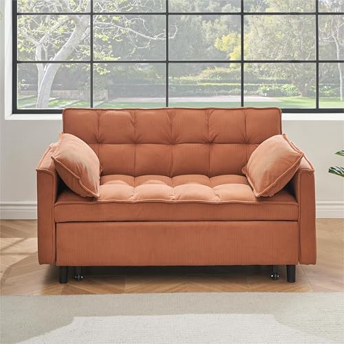 3 in 1 Convertible Sleeper Sofa Bed,Futon Loveseat Couch with Pull-Out Bed & Adjustable Backrest,Velvet Fabric Sofa with Side Pocket for Small Apartment, Living Room, Office (Black)