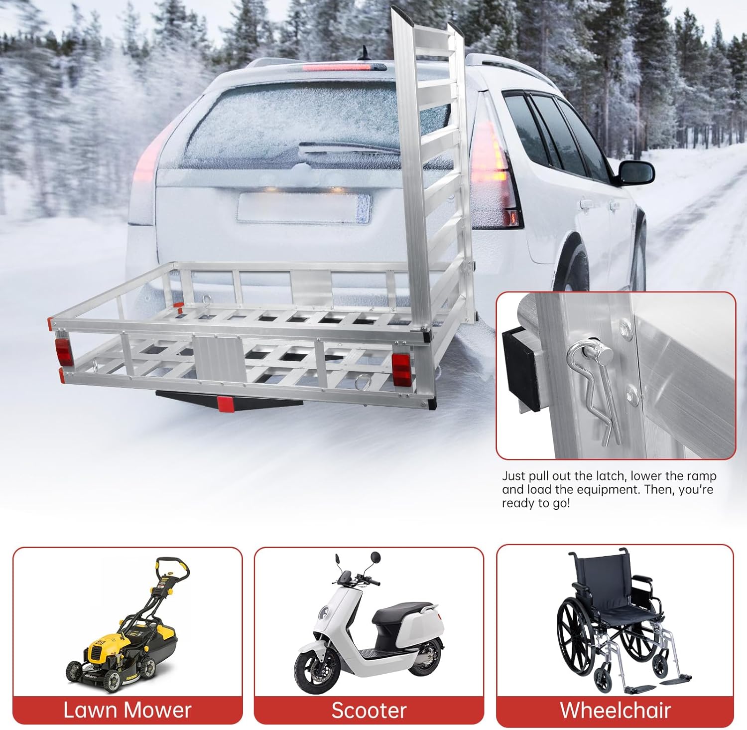 Aluminum Cargo Carrier, 50" x 29.5", 800Lbs Capacity,Hitch Cargo Carrier with Ramp Hitch Mounted Luggage Trailer Hitch Mount Mobility Scooter Wheelchair Carrier, Tow Hitch Cargo Carrier