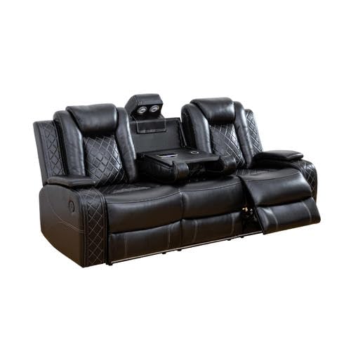 Power Leather Recliner Sofa Set with LED Lights,Living Room Furniture Set, Breathing Leather Sofa Set with USB Port/Storage Console/Cup Holders (3 Pieces Reclining Sofa Set, Cream White)