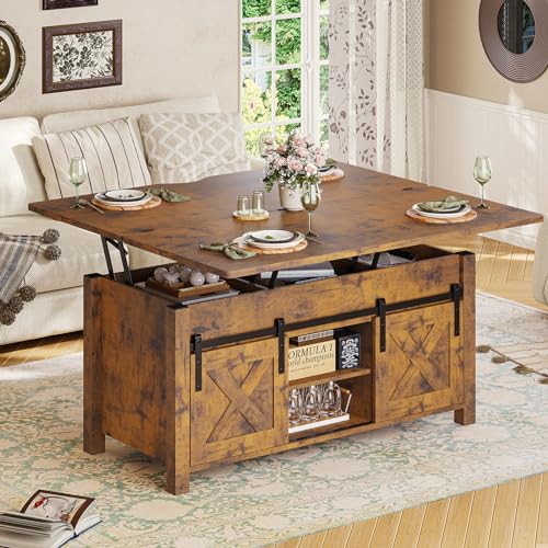 SEDETA Lift Top Coffee Table, 4 in 1 Multi-Function Convertible Coffee Tables with Storage and Hidden Compartment, Farmhouse Coffee Table Converts to Dining Table for Living Room, Grey