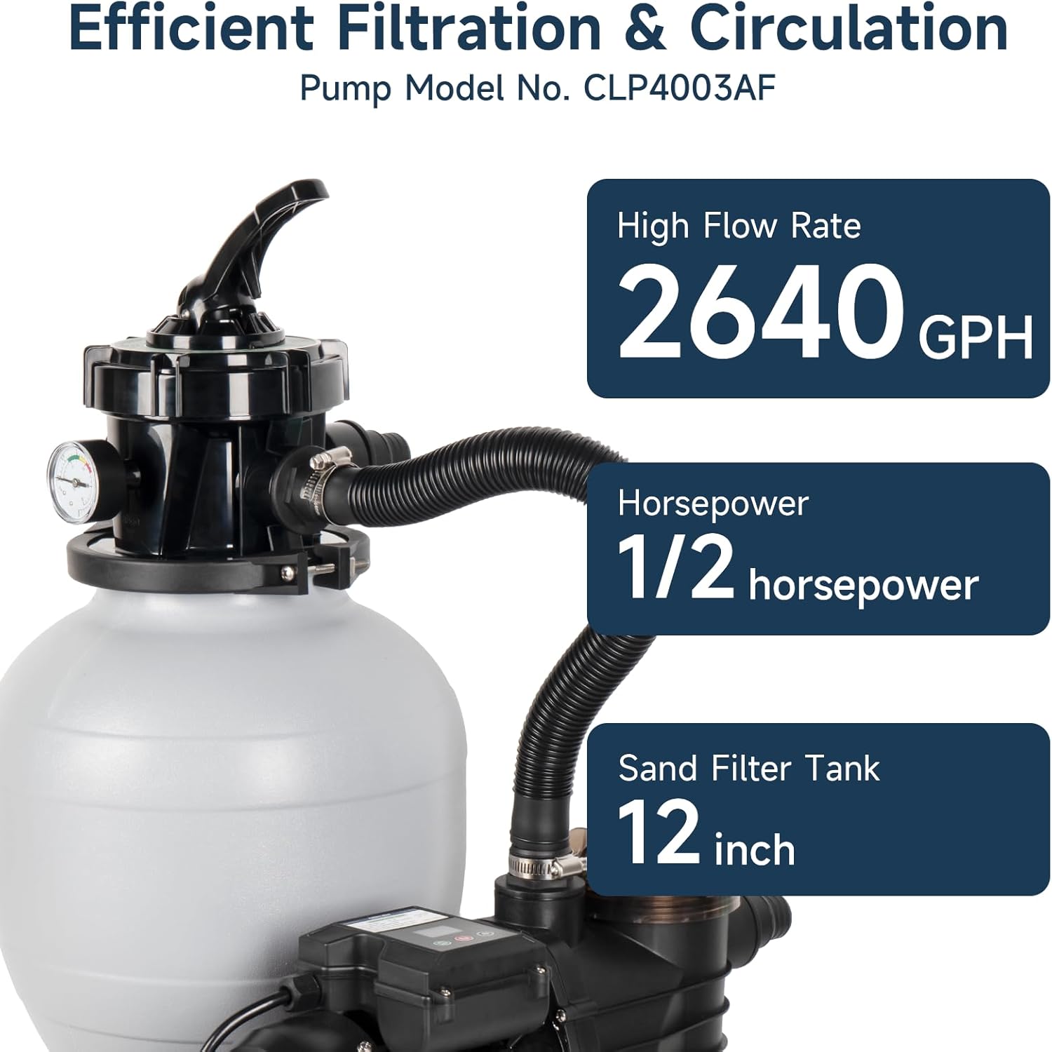 Future Way 1/2 HP Sand Filter Pump for Above Ground Pool, 2640 GPH, 12" Pool Sand Filter with 6-Way Valve, for Pools About 7925GAL, Timer, 120V with GFCI