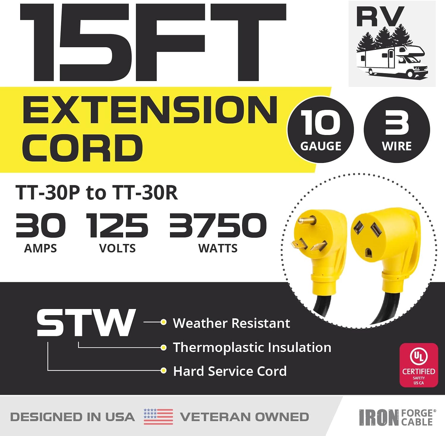 Iron Forge Cable 30 Amp RV Extension Cord 25 Ft - 10/3 STW TT-30P to NEMA L5-30R 125v RV Power Cord